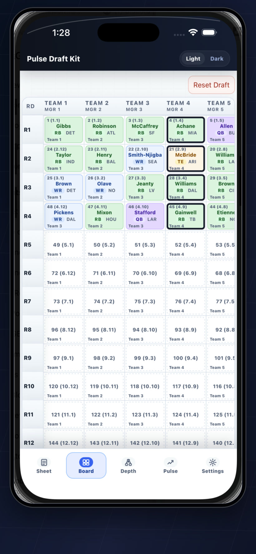 Pulse Draft Kit iPhone light mode draft board screenshot