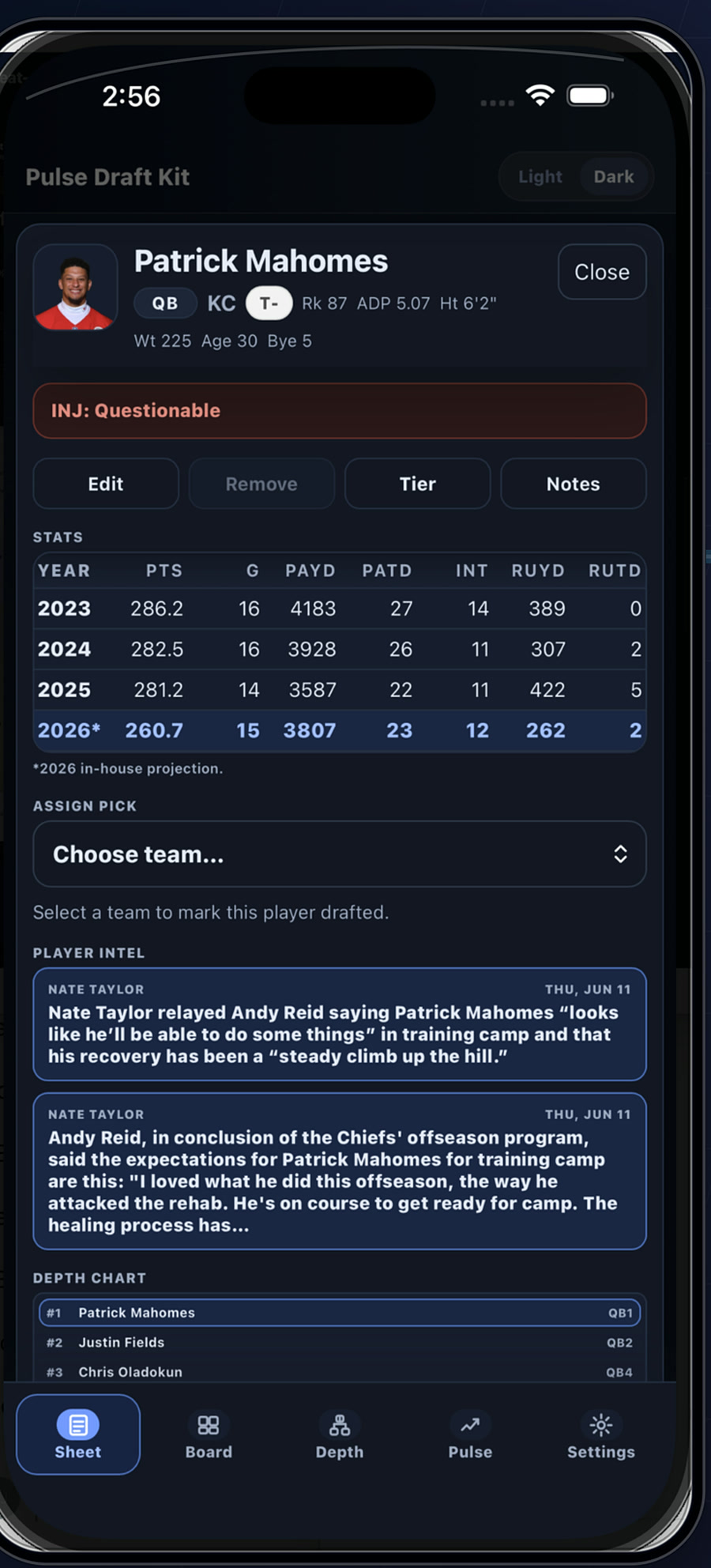 Pulse Draft Kit iPhone player panel screenshot