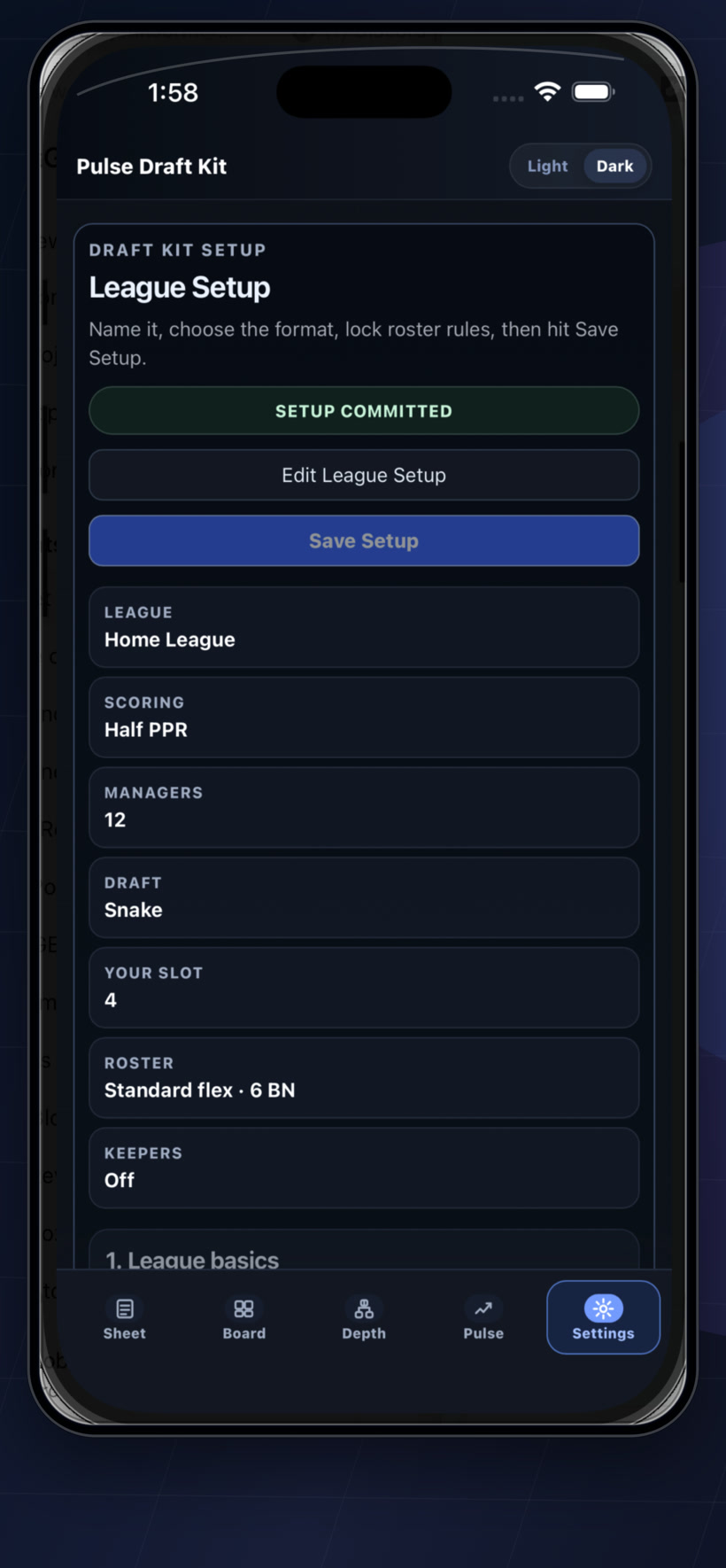 Pulse Draft Kit iPhone league setup settings screenshot