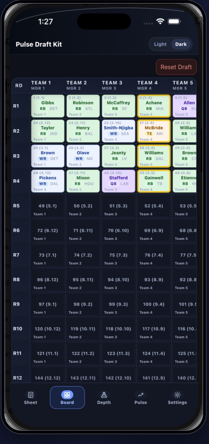 Pulse Draft Kit iPhone dark mode draft board screenshot
