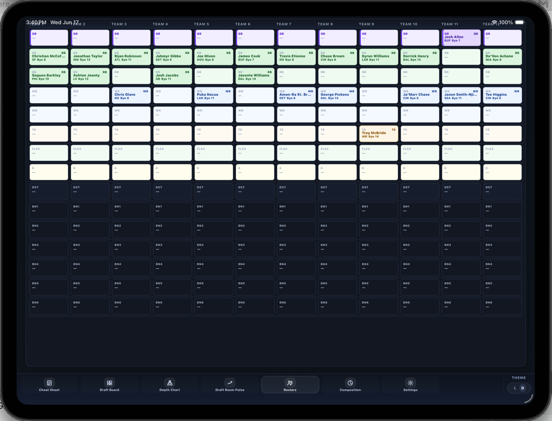 Pulse Draft Kit raw iPad draft room screenshot